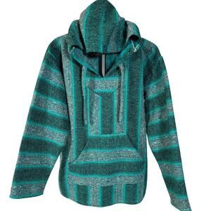 Original Art-Maz Style Turquise Striped Mexican Baja Hoodie Poncho Jacket